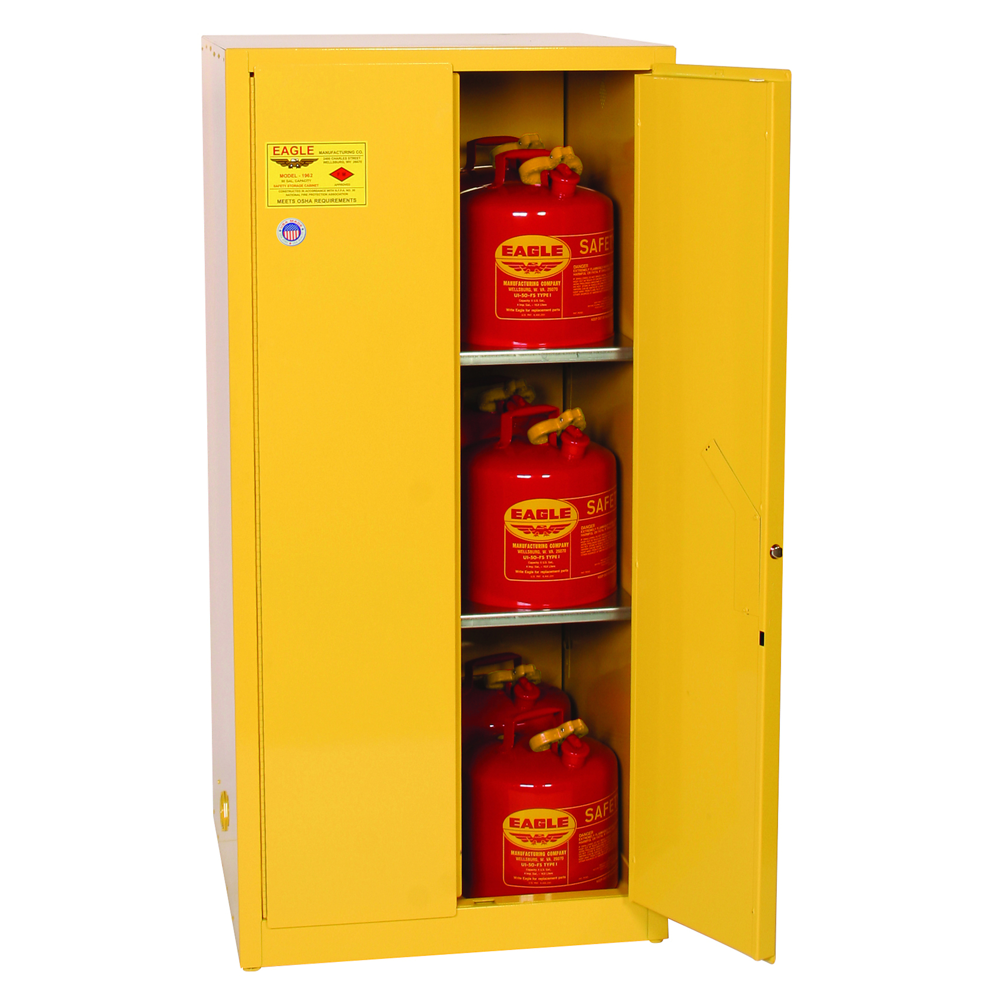 Eagle Fire Cabinet — 60 Gallon, 2 Shelves, 2 Doors, Manual Close, Yellow, Model# 1962X